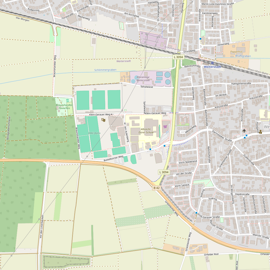 Karte von Weiterstadt mit der Lage der Trainingshallen